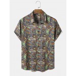 Mens Vintage Geometric Pattern Button Up Short Sleeve Shirts