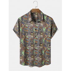 Mens Vintage Geometric Pattern Button Up Short Sleeve Shirts