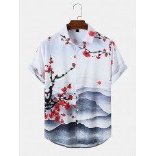 Mens Wash Painting Print Buttons Short Sleeve Shirts