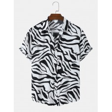 Mens Zebra Print Lapel Button Up Short Sleeve Shirts